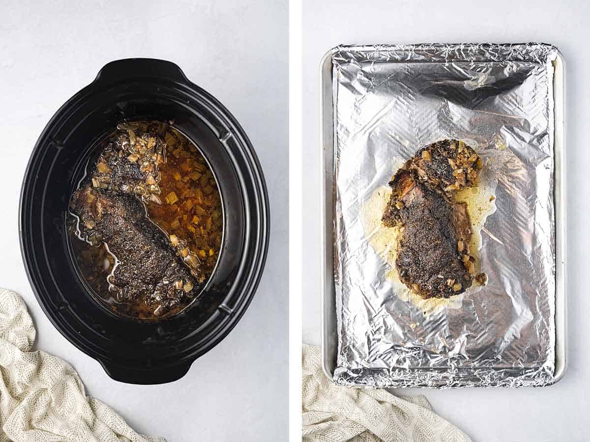 Set of two photos showing slow cooked pork moved from the crock pot to a lined sheet pan.