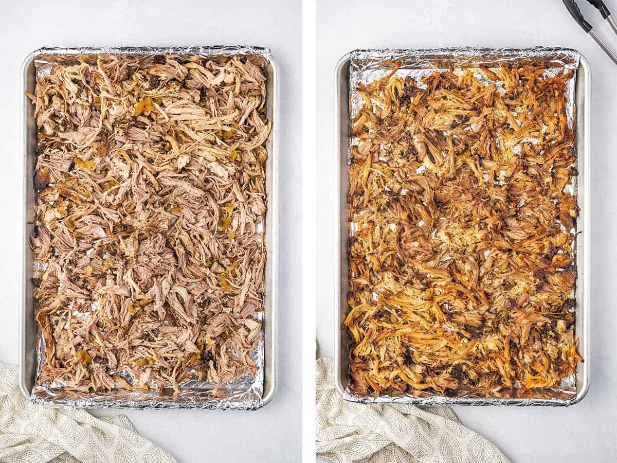 Set of two photos showing shredded pulled pork on a sheet pan before and after broiling.