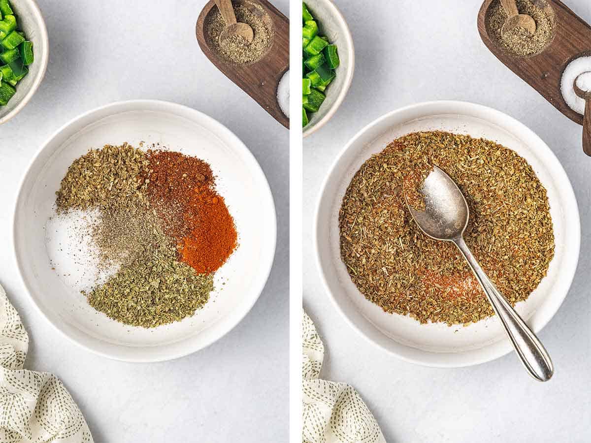 Set of two photos showing seasoning mixed in a small bowl.