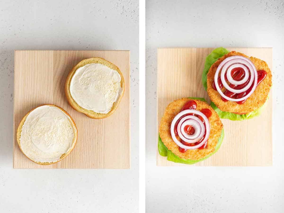 Set of two photos showing sauce added to burger buns and burger toppings placed on top.