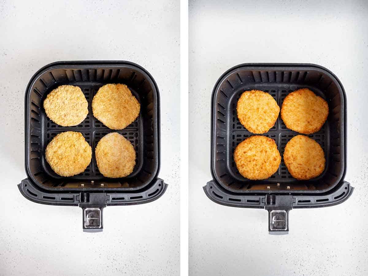 Set of two photos showing before and after frozen chicken patties air fried.