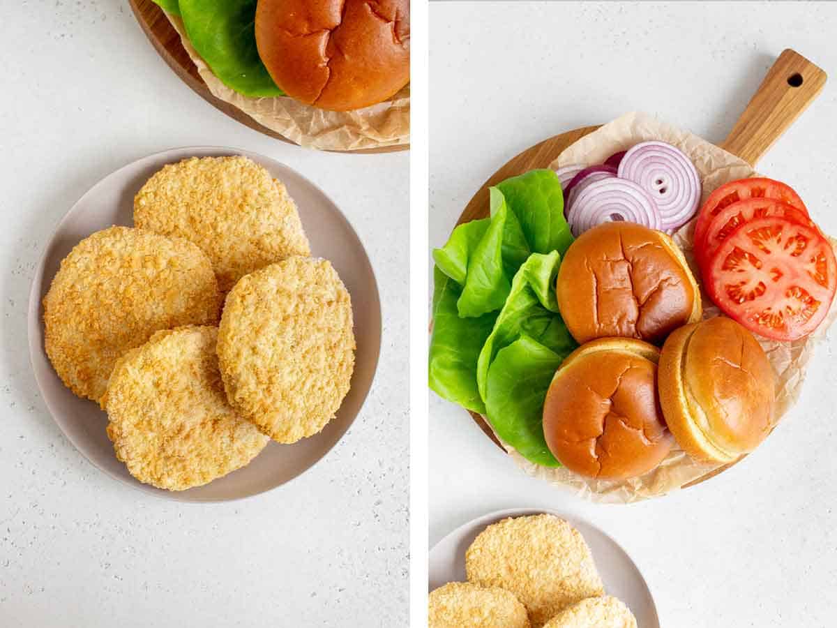 Set of two photos showing frozen chicken patties and burger toppings.