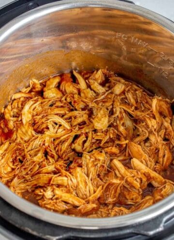 Overhead view of instant pot pulled chicken.