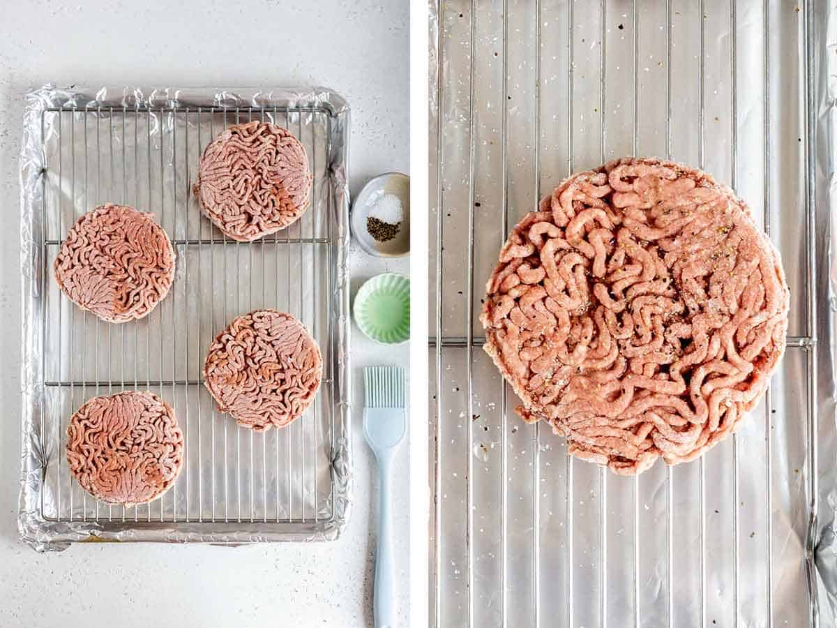 Set of two photos showing four frozen burger patties placed on a sheet pan then brushed with oil and salt and pepper added.
