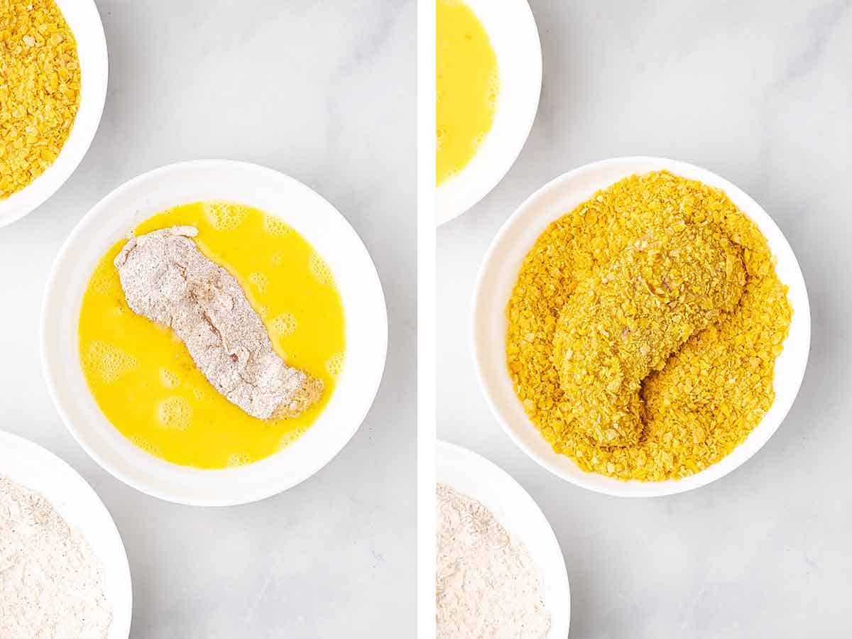 Set of two photos showing flour coated chicken dipped into the egg mixture then into crushed cornflakes.