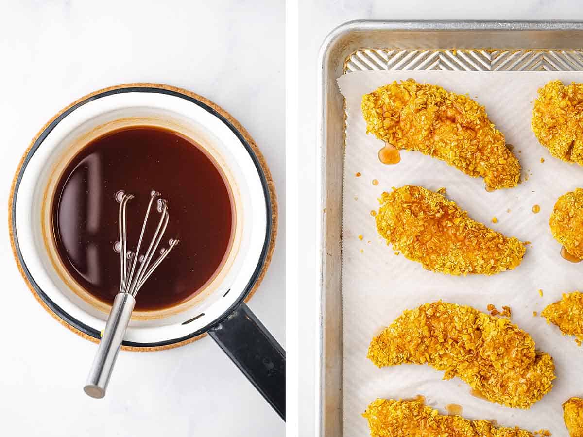 Set of two photos showing hot honey whisked together and drizzled over baked chicken tenders.