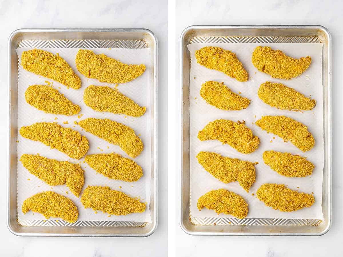 Set of two photos showing before and after chicken tenders are baked on a lined sheet pan.