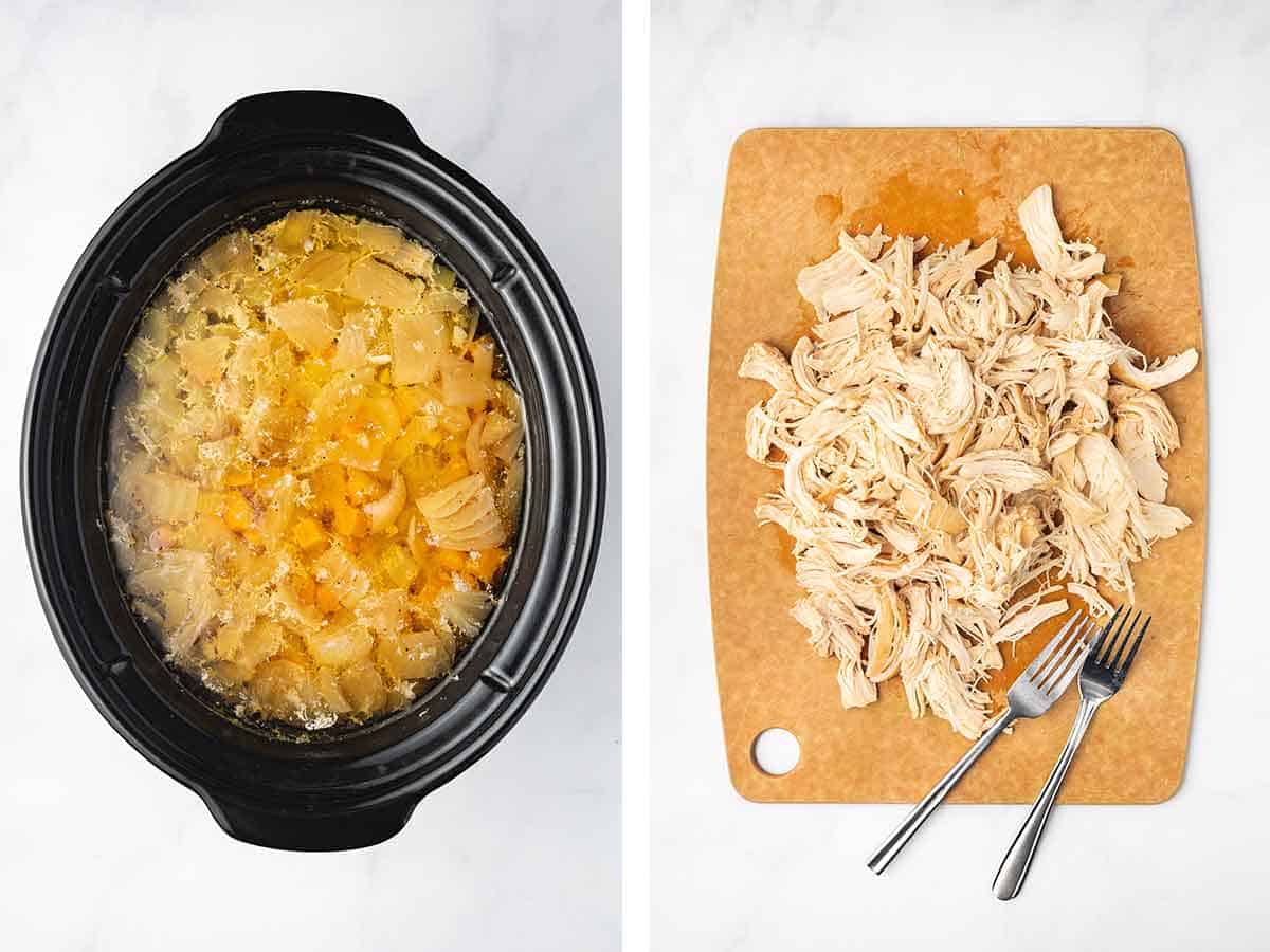 Set of two photos showing cooked soup uncovered in the slow cooker and chicken shredded on a cutting board.