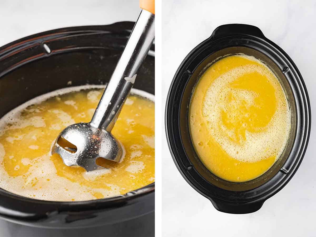 Set of two photos showing the soup blended in the crockpot.