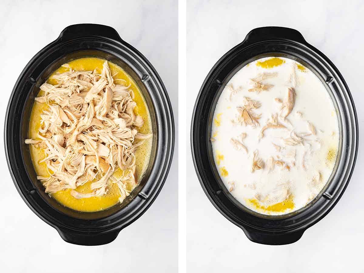 Set of two photos showing chicken added to the slow cooker along with cream.