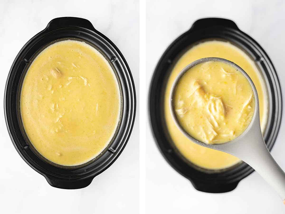 Set of two photos showing the slow cooker chicken and corn soup with a ladle lifting up the soup.