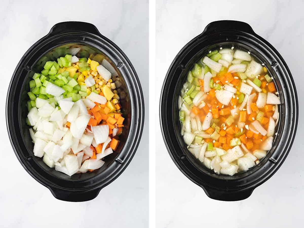 Set of two photos showing all the ingredients for slow cooker chicken and corn soup added to a crockpot.