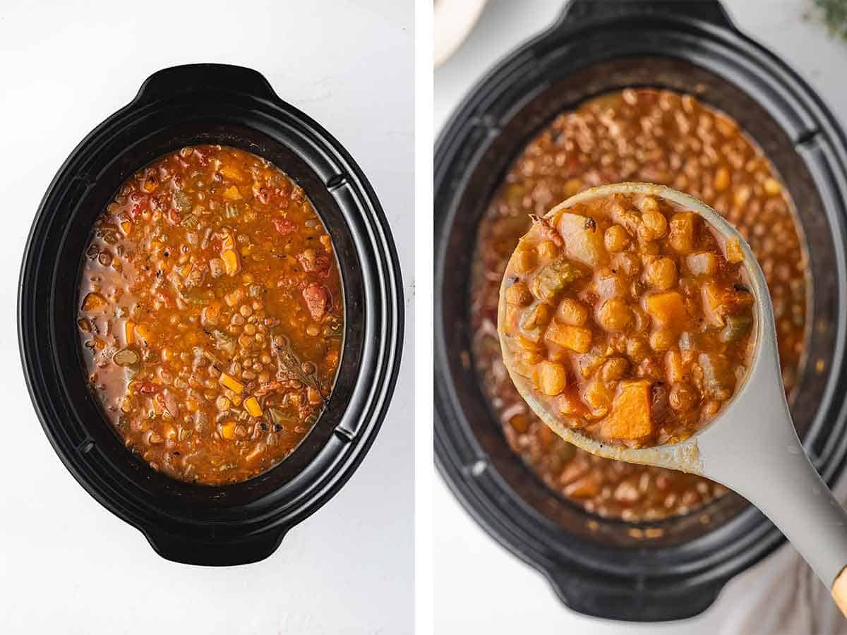 Set of two photos showing lentil soup in the slow cooker and a spoonful lifting up in front of it.
