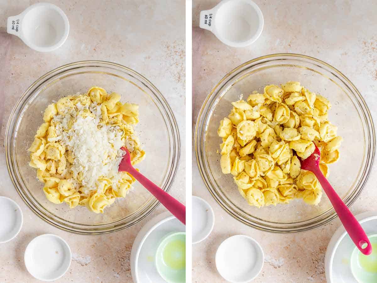 Set of two photos showing seasoning and parmesan added to the bowl and tossed to combine.