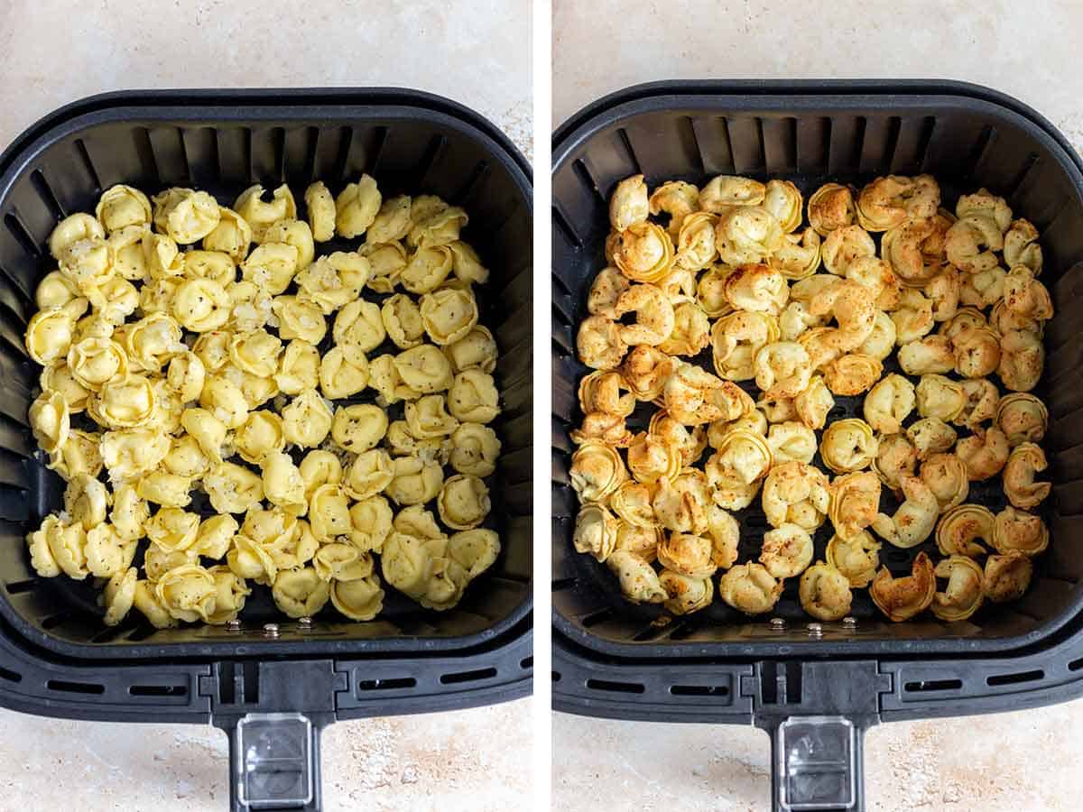 Set of two photos showing seasoned tortellini added to an air fryer basket in a single layer and then air fried.