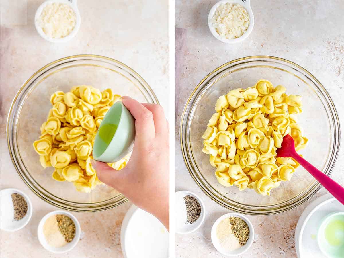 Set of two photos showing oil added to a bowl of tortellini and tossed to coat.
