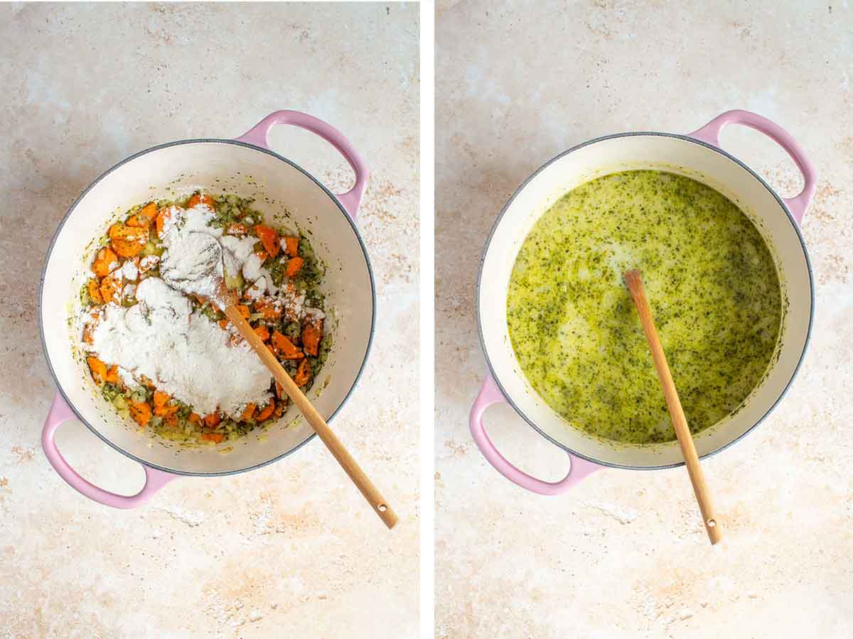 Set of two photos showing flour, broth, and milk added to the pot of veggies.
