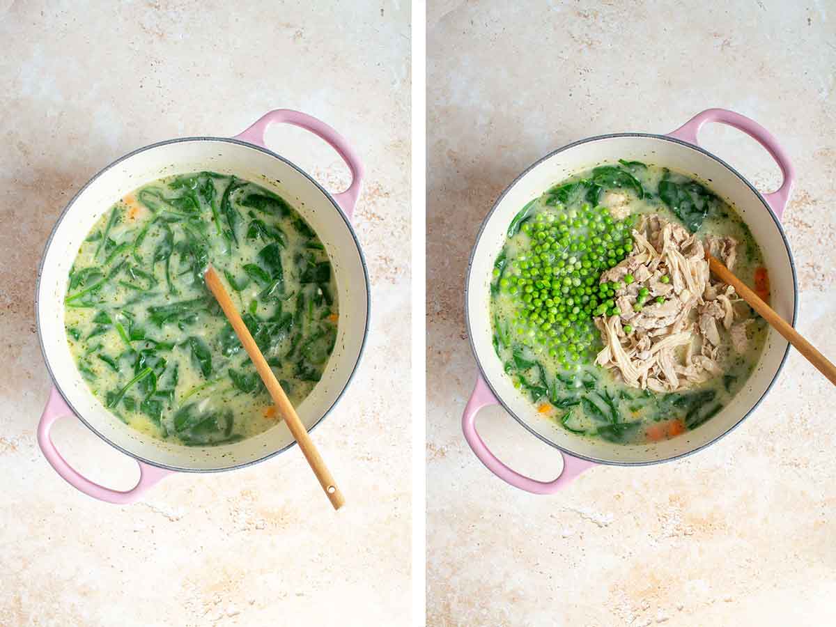 Set of two photos showing spinach, peas, and chicken added to the pot.