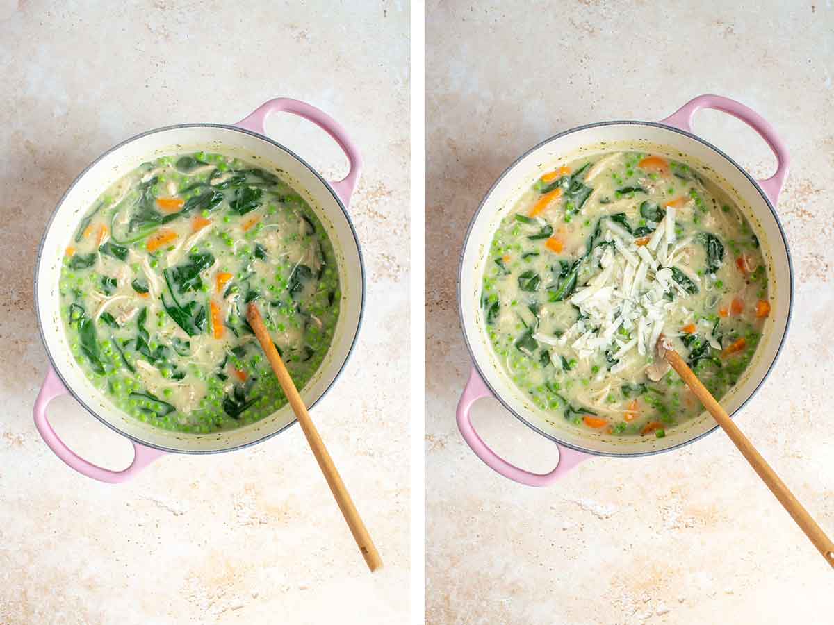 Set of two photo showing soup stirred together and parmesan added on top.
