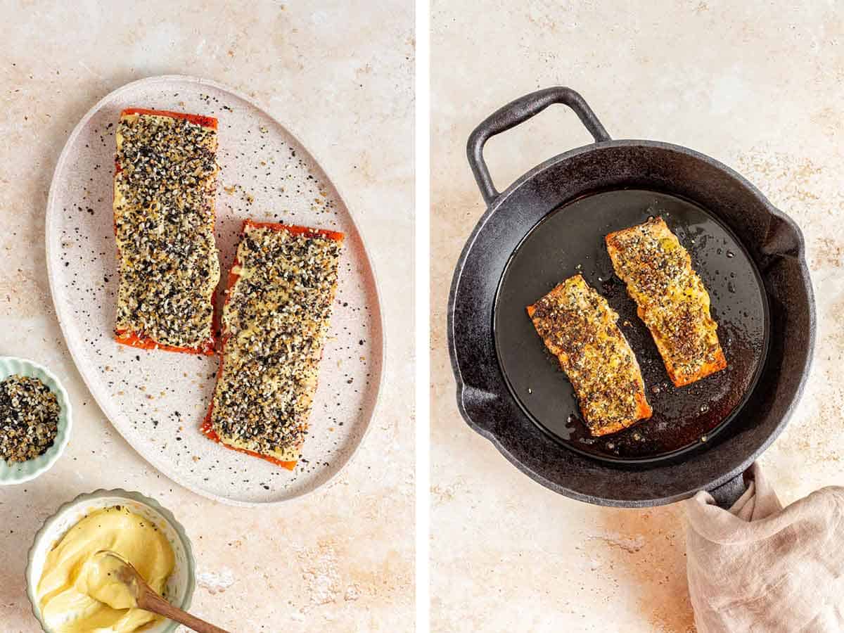 Set of two photos showing salmon seasoned and in a cast iron.