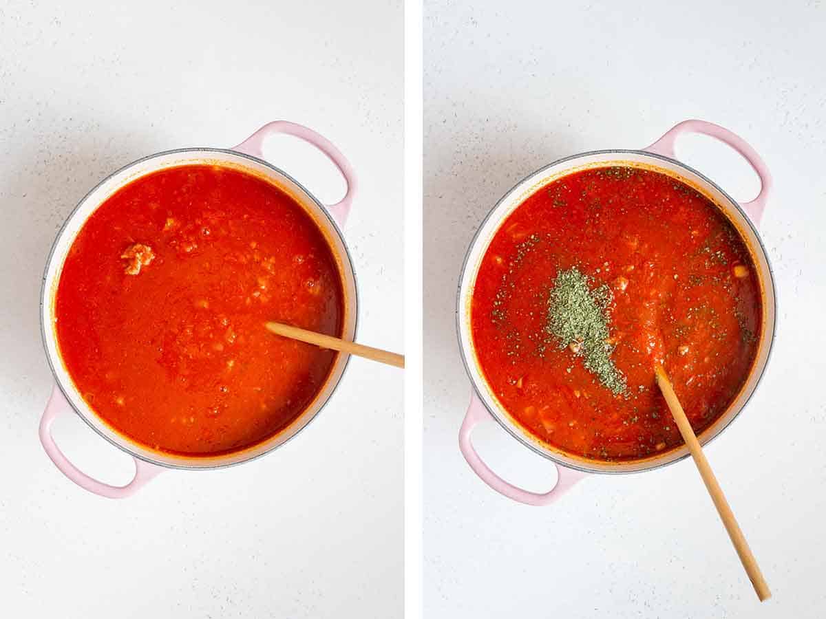 Set of two photos showing broth and seasoning added to the pot.