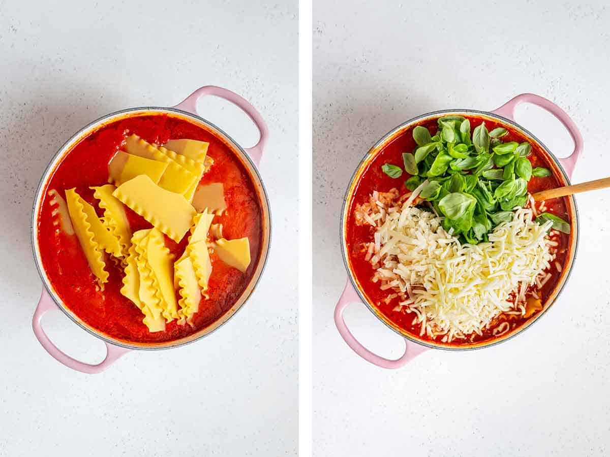 Set of two photos showing lasagna noodles, parmesan, mozzarella, parsley, and basil added to the pot.
