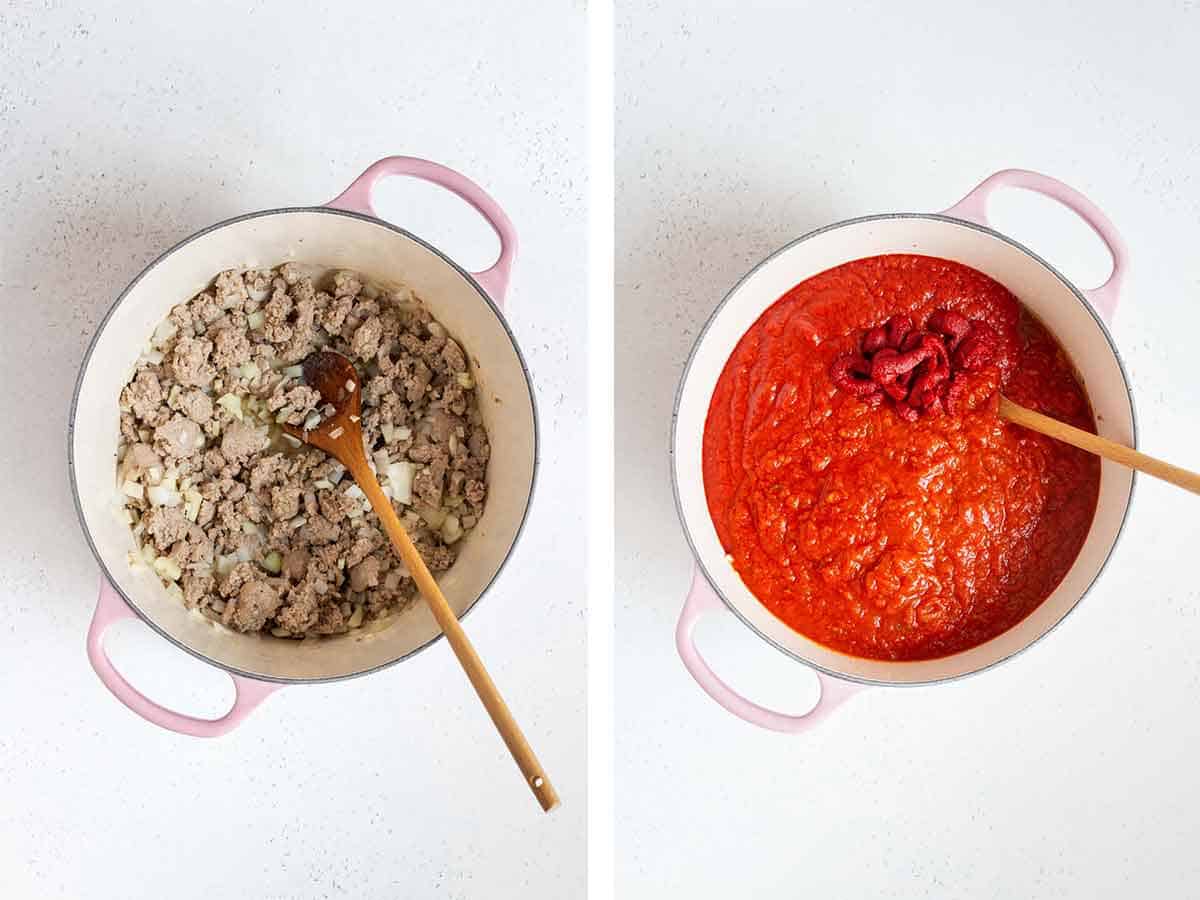Set of two photos showing pork cooked in a pot and crushed tomatoes and tomato paste added to the pot.