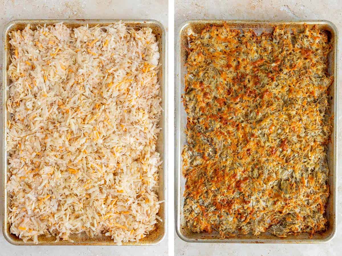Set of two photos showing before and after sheet pan hash browns baked.