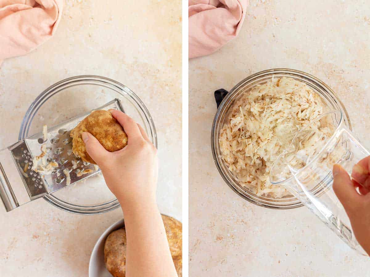 Set of two photos showing a potato being grated and soaked in water.