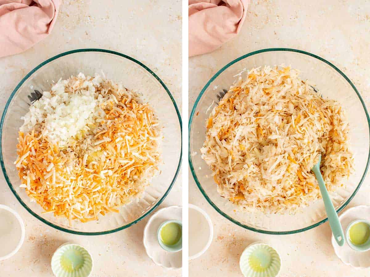set of two photos showing ingredients mixed together in a large bowl.