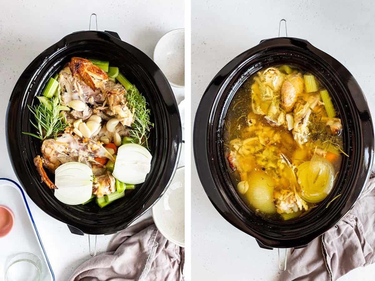 Set of two photos showing water added to the crockpot then the results of being slow cooked.
