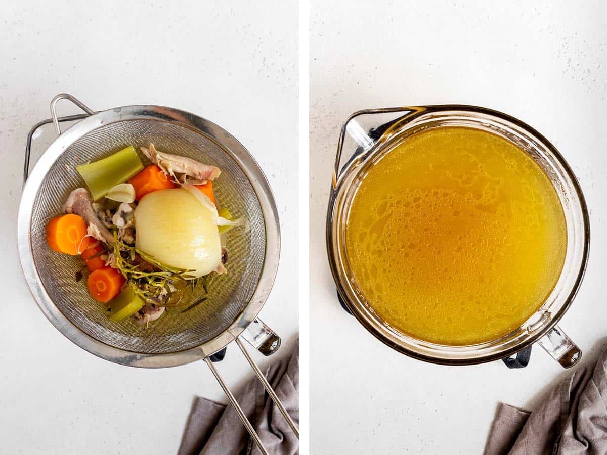 Set of two photos showing the slow cooker bone broth strained into a large bowl.