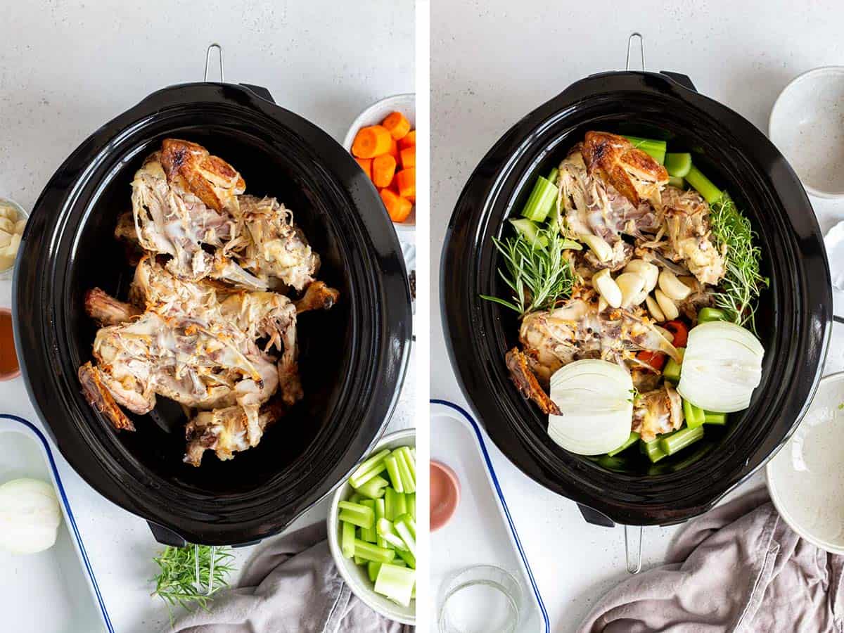 Set of two photos showing bones, vegetables, and herbs added to a crockpot.