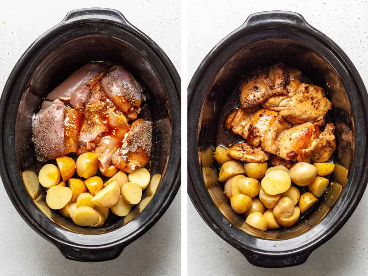 Set of two photos showing chicken added to a crockpot with chicken, potatoes, and sauce.