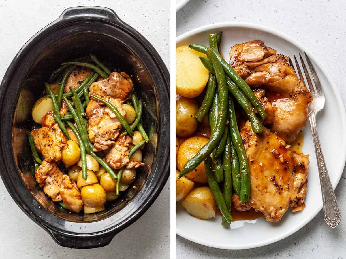Set of two photos showing green beans added to the slow cooker then the slow cooker chicken potatoes and green beans recipe plated.