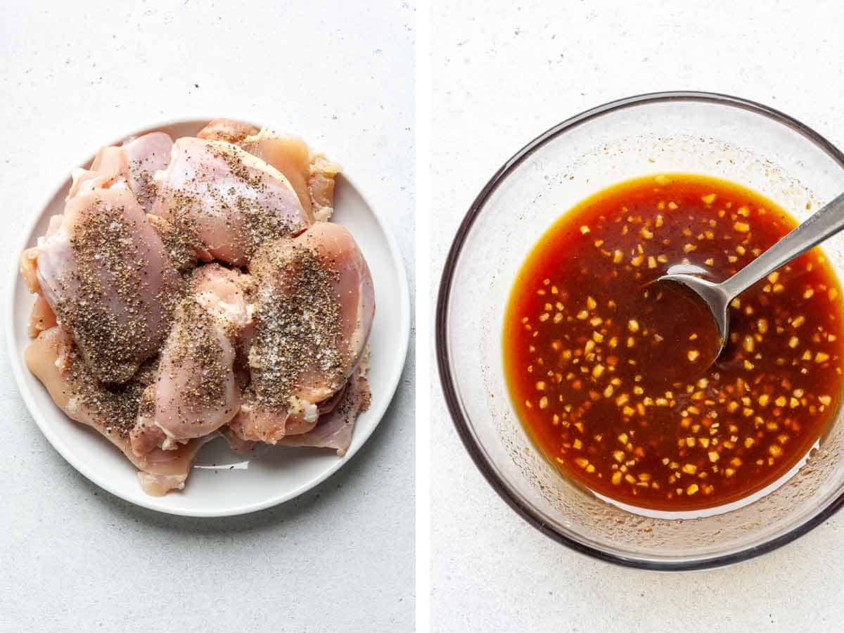 Set of two photos showing chicken thighs seasoned and sauce mixed in a bowl.