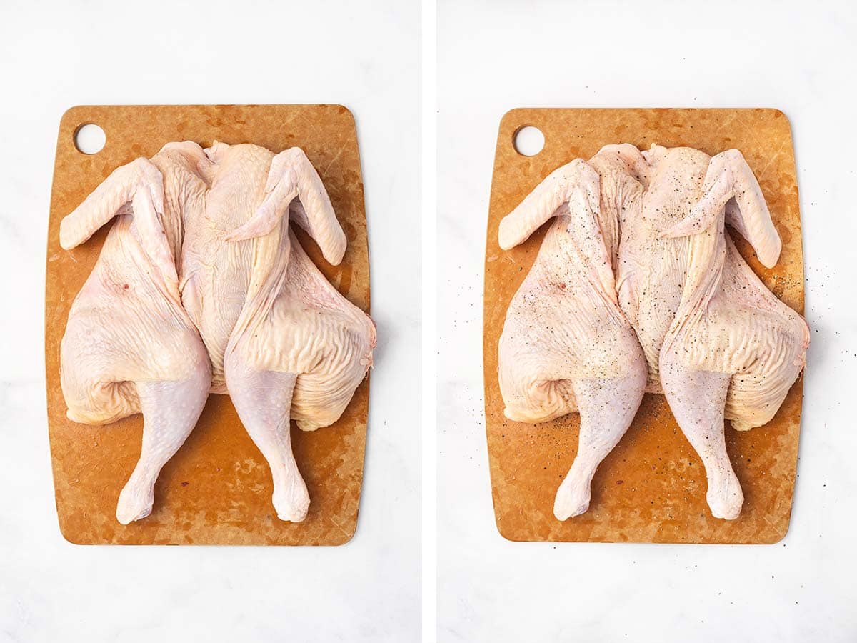 Set of two photos showing cut chicken pressed down to flatten. Seasoned with salt and pepper.