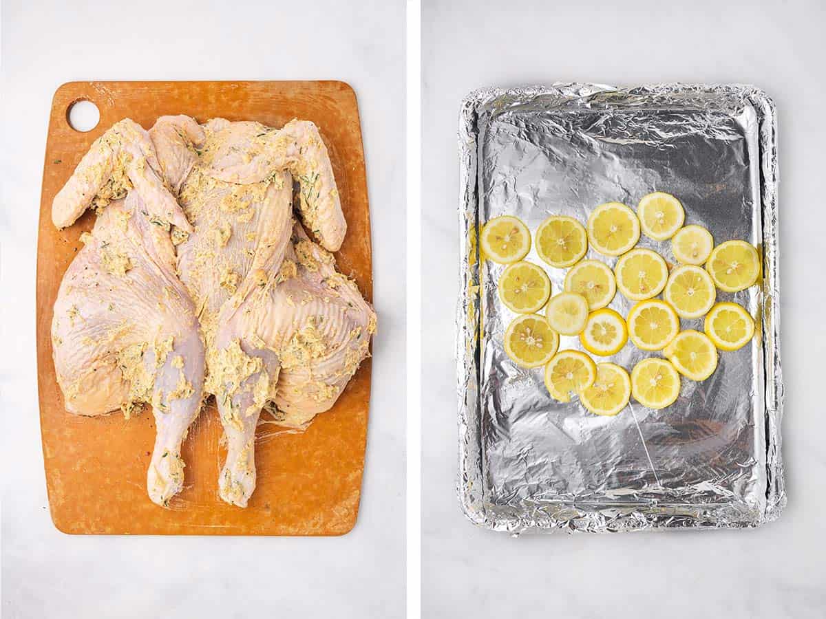 Set of two photos showing butter mixture rubbed all over the spatchcock chicken and lemon slices placed in the middle of a sheet pan.