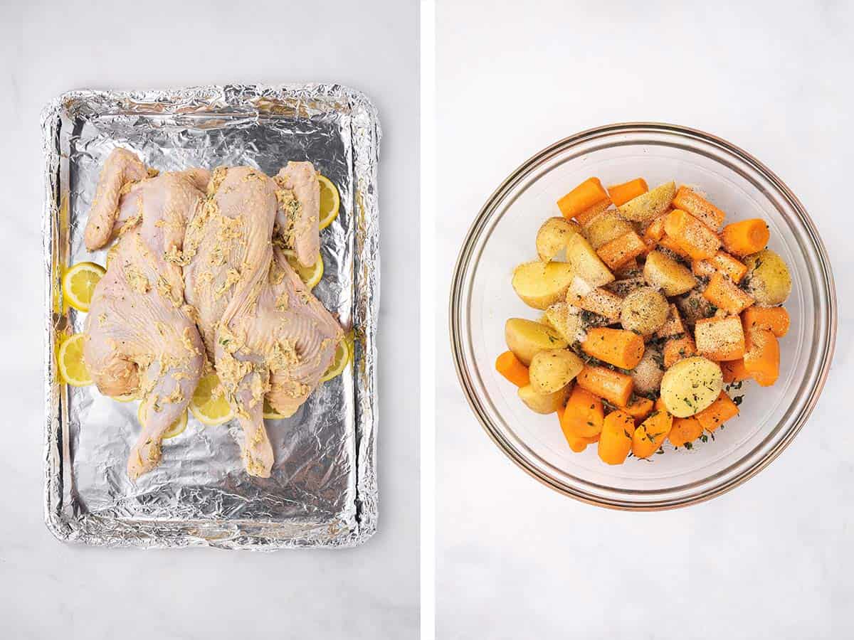 Set of two photos showing the buttered spatchcock chicken on top of lemon slices on a sheet pan and vegetables seasoned in a bowl.