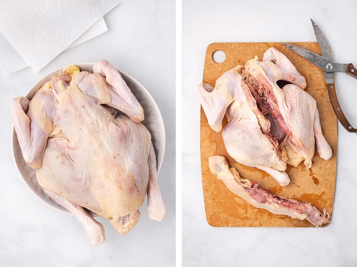Set of two photos showing a whole chicken patted dry and then the backbone cut out.