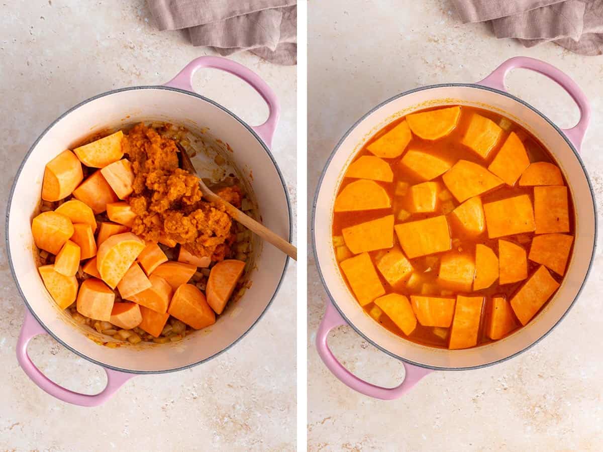 Set of two photos showing pumpkin puree, sweet potatoes, and broth added to the pot.