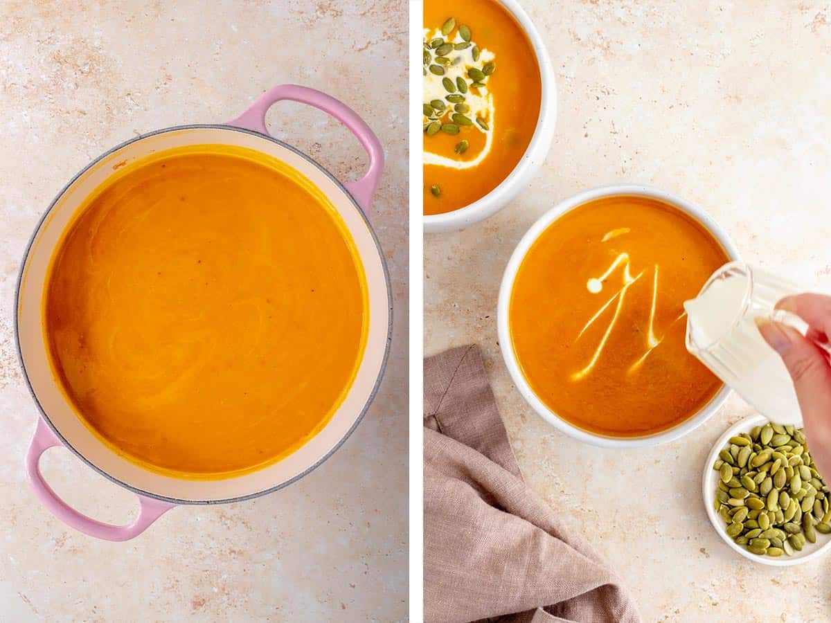 Set of two photos showing soup blended until smooth and extra coconut milk drizzled on top.