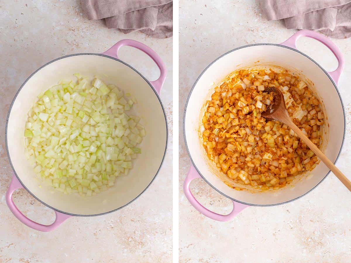 Set of two photos showing onions and seasoning added to a pot.