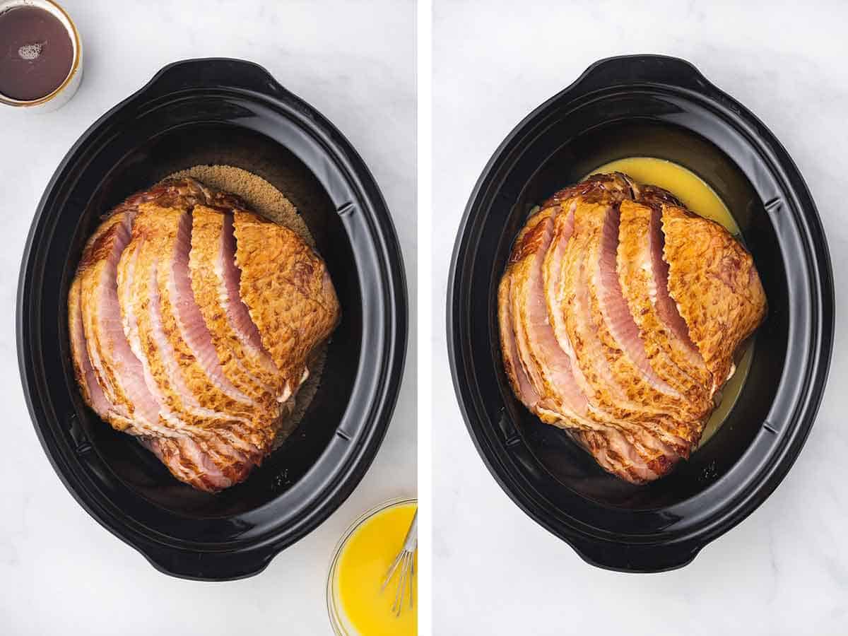 Set of two photos showing ham added to a slow cooker and liquid added.