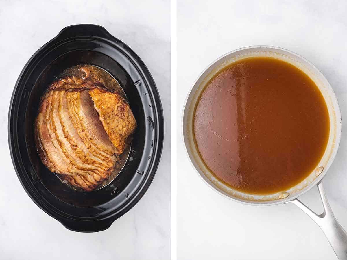 Set of two photos showing cooked ham in the slow cooker and liquid cooked down in a skillet.