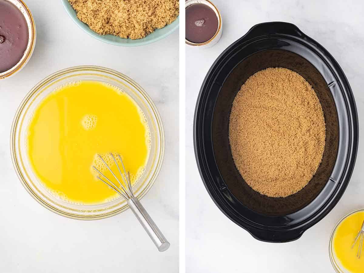 Set of two photos showing pineapple juice mixture whisked together and brown sugar added to a crockpot.