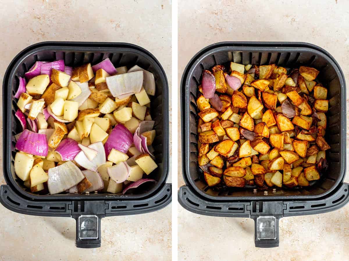 Set of two photos showing before and after potatoes and red onions are air fried.