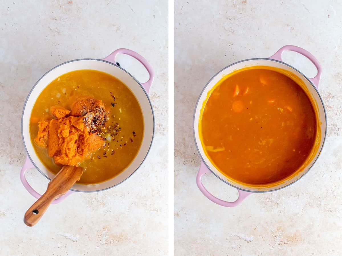 Set of two photos showing pumpkin puree, salt, pepper, and nutmeg added to the pot and simmered.