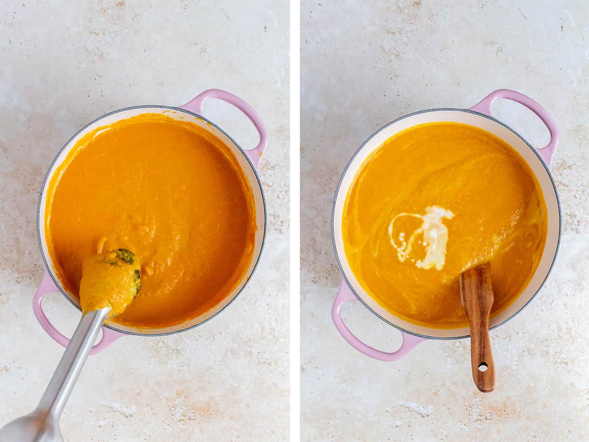 Set of two photos showing an immersion blended blending soup until smooth and cream added.