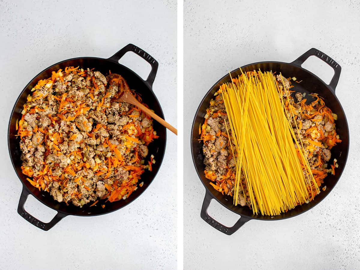Set of two photos showing ground meat cooked and pasta added to the skillet.